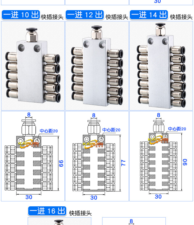 Вакуумные Чак 机械手真空工业气动配件气排分流器进气8一进4/6/8/10/12/14/16出 Kairui siming