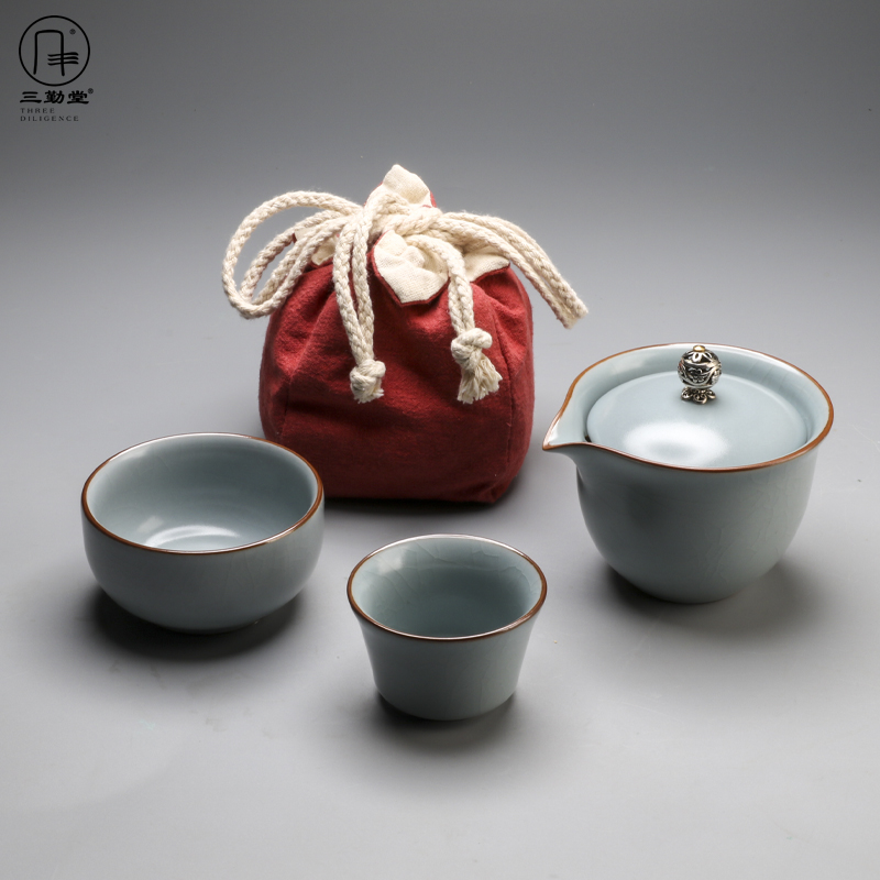 Three Attendance Hall Ru Kiln Express Guest Cup Hand Grip Pot Tea Set of Tea Set Jingdezhen Ceramic Gongfu Tea Portable Travel Set Group