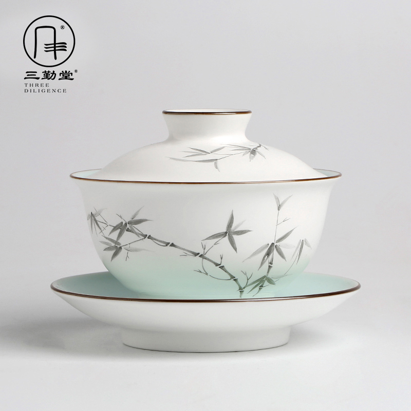 Three frequently hall tureen jingdezhen kung fu tea tea cups hand - made pastel Three cup large bowl suit