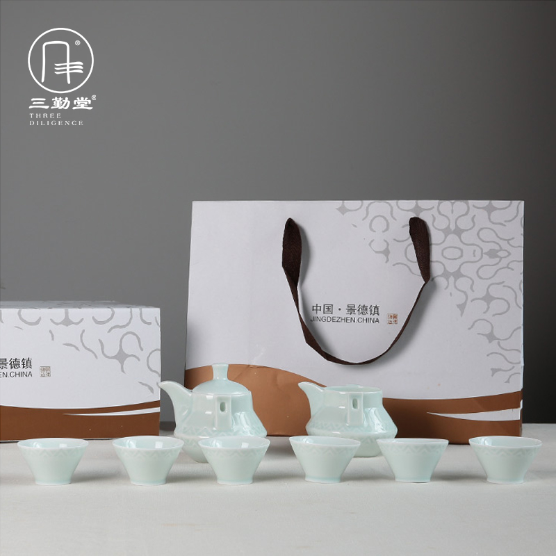 Three frequently hall jingdezhen kung fu tea sets tea service of a complete set of jingdezhen ceramic carved retro 8 head hand grasp pot