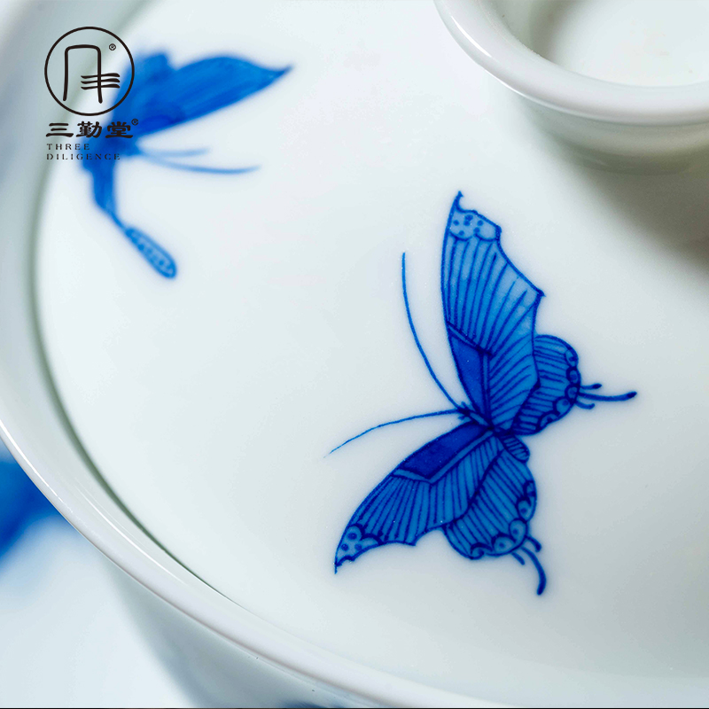 Blue and white tureen jingdezhen ceramic cups kung fu tea set three frequently hall hand - made butterfly dream of make tea, only three cups