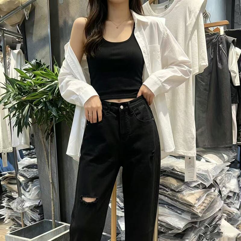 Plus-Size Thin Ripped 2026 New Style Black Harem High-Waisted Jeans for Fat Women, Slimming 1037 Style