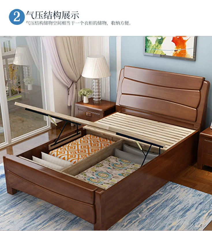 Giường gỗ nguyên khối Kinh tế Trung Quốc phòng ngủ chính giường gỗ giường đôi 1,8 m hộp lưu trữ hiện đại tối giản 1,5 m - Giường