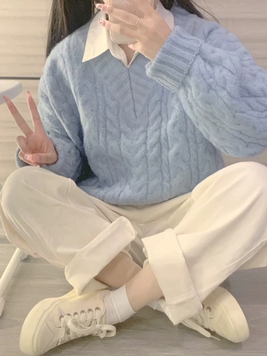 Синий демисезонный трикотажный утепленный свитер, 2023, свободный крой