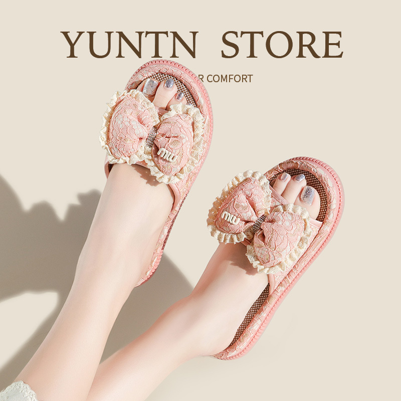 Summer Sweet Lace Cute Bow All-Season Cotton and Linen Slippers for Women, Girly and Ladylike, Non-Slip Soft-Soled Home Shoes Summer Sweet Lace Cute Bow All-Season Cotton and Linen Slippers for Women, Girly and Ladylike, Non-Slip Soft-Soled Home Shoes