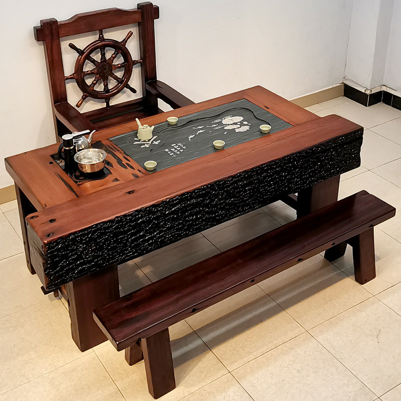 Old ship wood tea table and chair combination new Chinese balcony solid wood old keel ancient shipwreck wood tea table tea set set