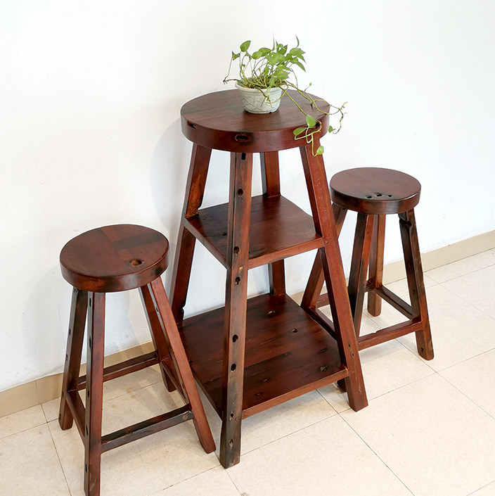 Old Boat Bar Soliwood Household Balcony Roundtable Bar Retro Commercial Cafe High-Level Table and Chair Combination