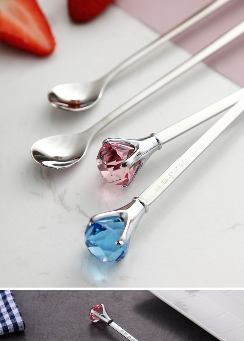 Creative onlycook diamond long handle 304 stainless steel ice run out of coffee milk tea spoon stir bar crystal