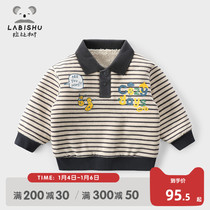 Rabbi tree childrens clothing boy plus velvet sweater 2021 Winter wear new baby padded velvet sweater striped children polo shirt