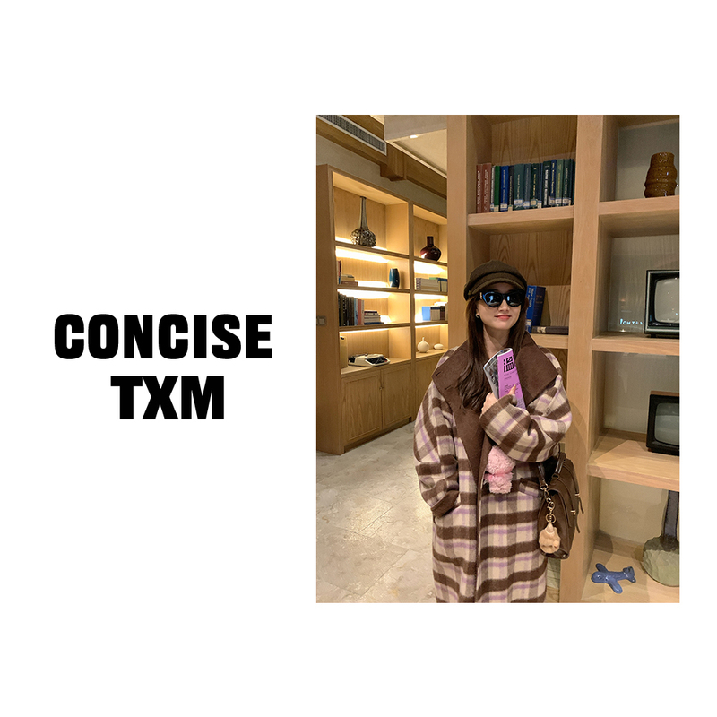 [Tang Xiaomu] Long Plaid Coat Korean-Style Elegant Plaid Collar Wool Coat That Can Be Folded or Stand-Up Dy10