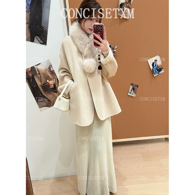 [Tang Xiaomu] Fox Fur Scarf Mid-Length Coat Dy26570