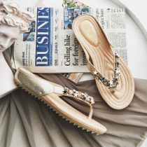 Net red handmade sandals women 2022 summer new water drill sand beach shoes with flat bottom clamping toe herringbone towins