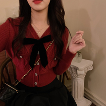 2022 Spring and autumn new Korean series 100 lap V collar row of buttons Twist Flowers Retro Knit Cardio-knitted Sweater Butterfly Knot