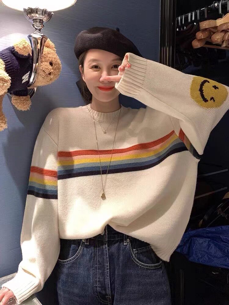 Striped needling sweatshirt smiley face sweater Ghost Horse Round Lead Knit Cardiovert Early Autumn 100 Hitman Blouse Blouse Blouse 