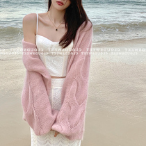 2022 spring new design feeling loose with lazy soft glutinous lantern sleeves pink sweater horse fur knit cardigan
