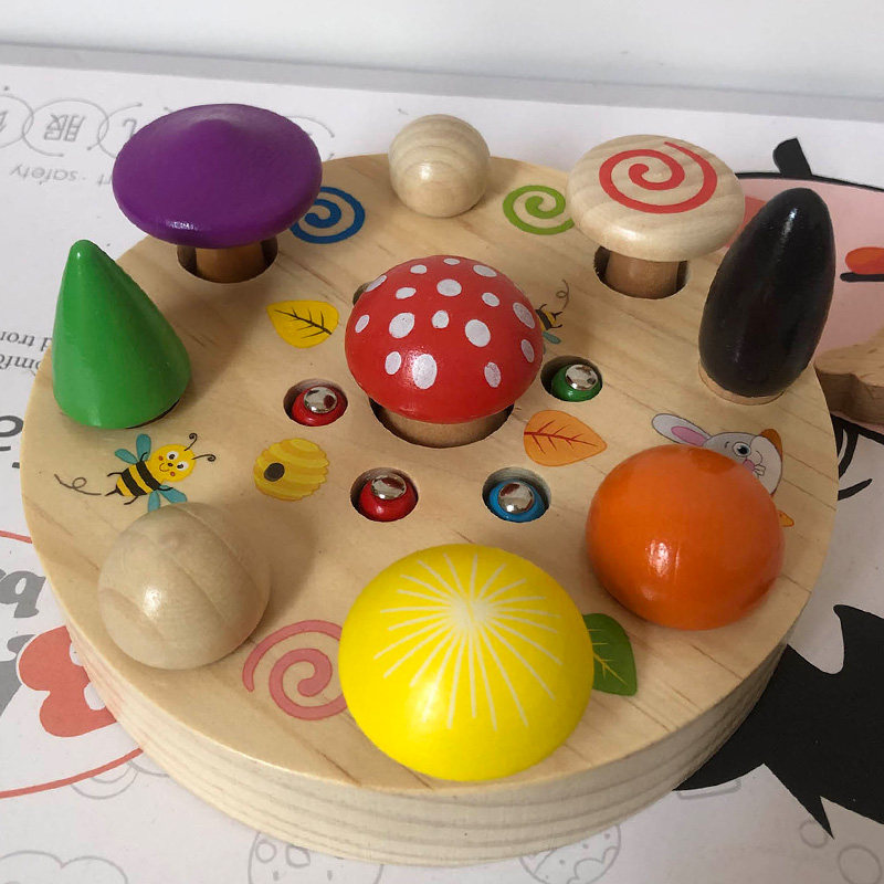 Baby Mushroom Toys Children's Puzzle Insert Mushroom Ding Ding Picking Small Mushrooms Early Education Hovenia Wood Game Large Particles