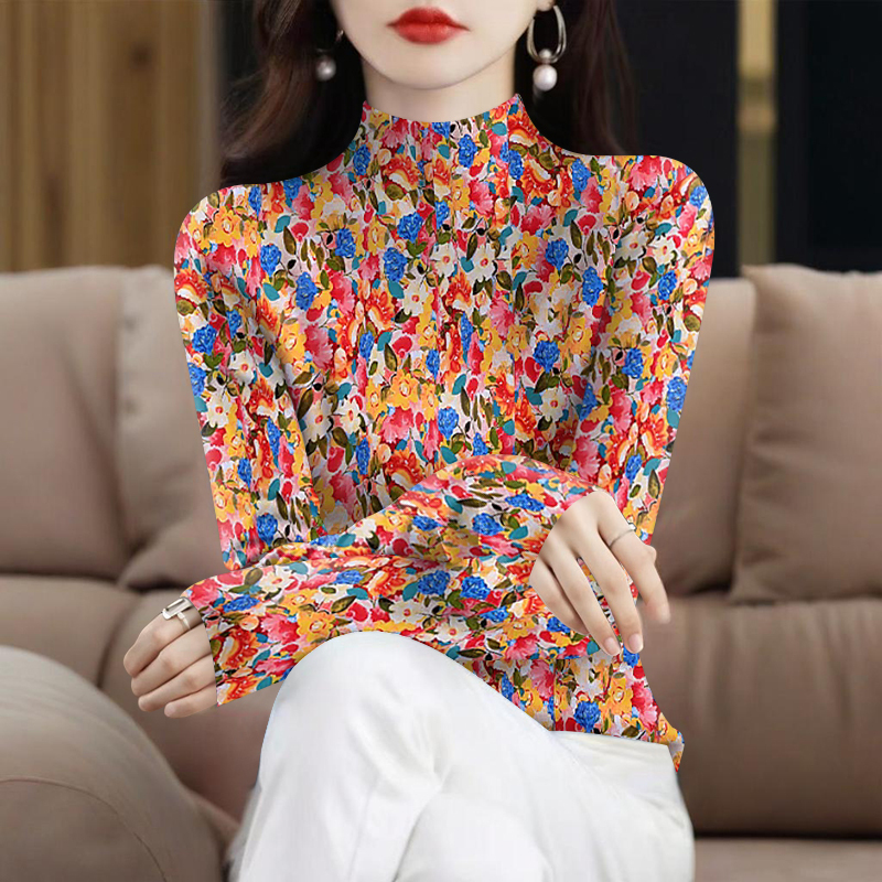 Half-High Collar, Versatile Autumn Clothing for Women, Long-Sleeved Bottoming Shirt, New Style for Inner Wear or Outer Wear, Printed Belly-Covering T-Shirt for Women Half-High Collar, Versatile Autumn Clothing for Women, Long-Sleeved Bottoming Shirt, New Style for Inner Wear or Outer Wear, Printed Belly-Covering T-Shirt for Women