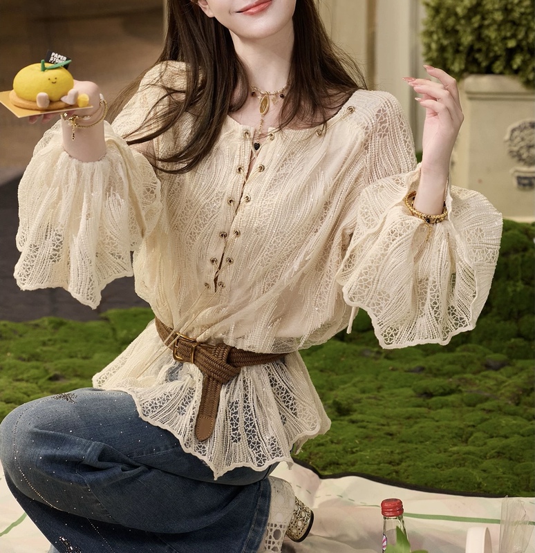 In-Stock~Spring/Summer【Romantic Haze】French Lace Embroidery Tie-Waist Blouse for Women In-Stock~Spring/Summer【Romantic Haze】French Lace Embroidery Tie-Waist Blouse for Women