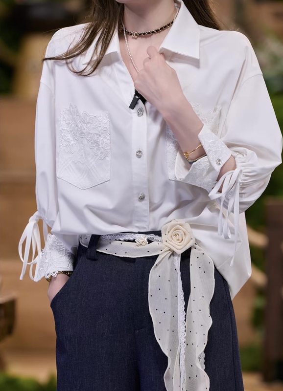 Tuntun In-Stock Spring/Summer [Floral Knot] Lazy and Relaxed Style French Lace Adjustable Tie-Cuff Shirt
