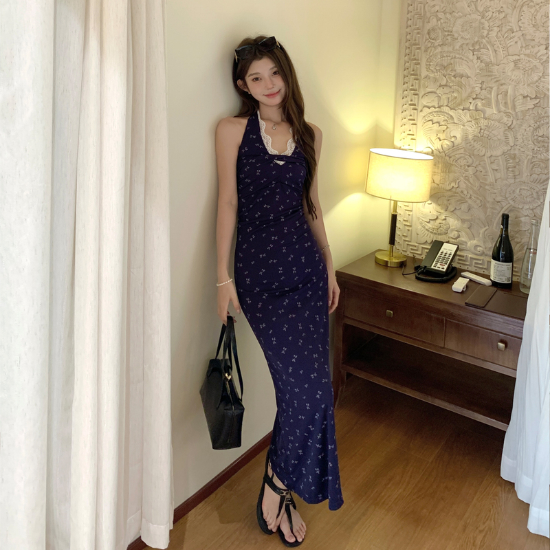 Summer Korean-Style Floral Design Slim-Fit Halter Neck Long Dress Sleeveless Extended Version for Tall Girls