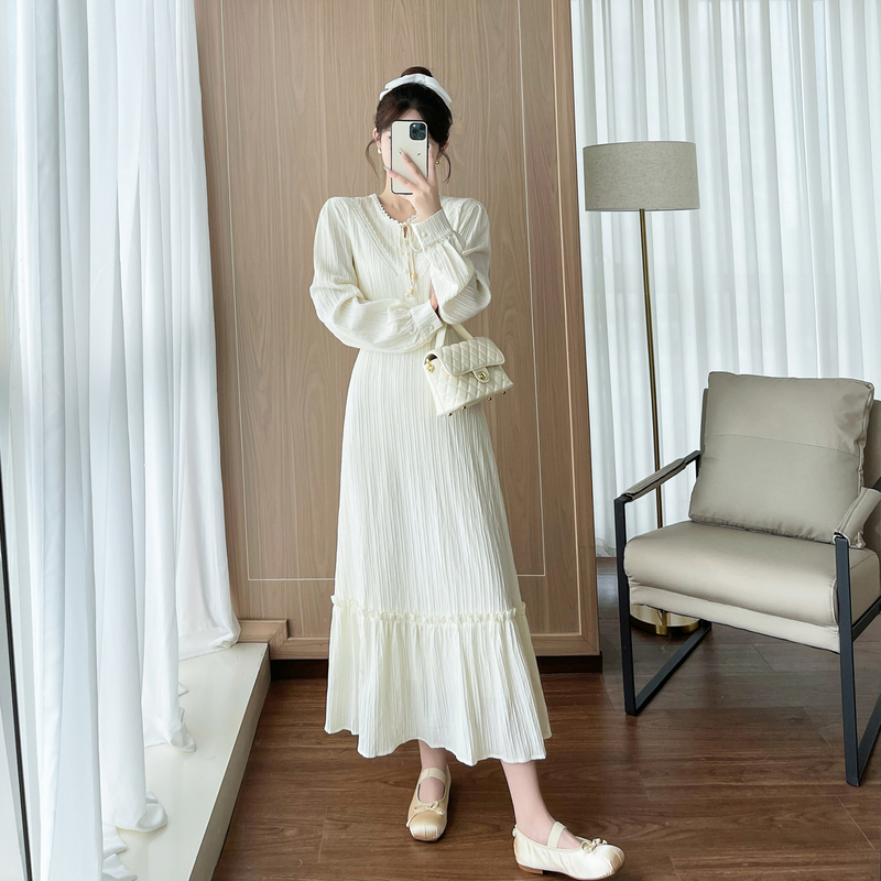 French-Style Design, Gentle Style, White Inner Dress, Ankle-Length, Long-Sleeved, Tall Women's Long Base Dress