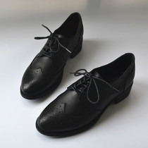 Pointed toe leather thick heel work toe top layer cowhide high heels foreign trade tail goods British style office slimming tooling