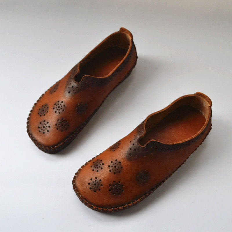 Summer China Wind Leather Soft Bottom Single Shoes One Foot Pedal Carved Hollowed-out Women Shoes Handmade National Wind Foreign Trade Original Single Shoes-Taobao