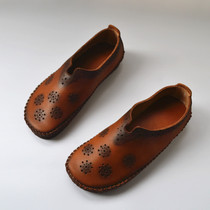 Summer Chinese style leather soft sole shoes a pedal carved hollow womens shoes handmade ethnic style foreign trade original single shoes