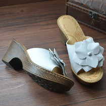 Original handmade leather high-heeled womens slippers retro flower open-toe sandals and slippers outdoor one pedal foreign trade tail goods summer