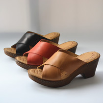 Leather high heel sandals cross strap waterproof platform full leather thick square heel wedge slippers foreign trade original single tail goods womens shoes summer