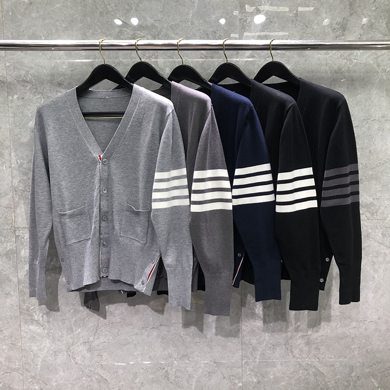 Tb Knitted Cardigan Men's V-Neck Sweater Thin Spring & Fall New Style Outer Wear Korean Style Trendyy Loose Casual Jacket for Men and Women