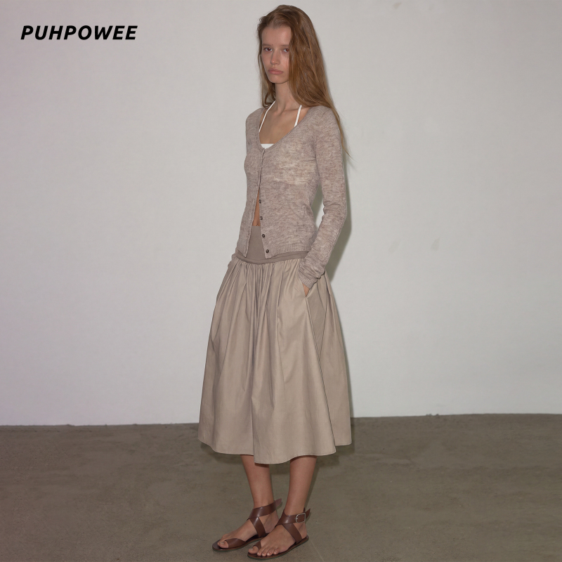 Puhpowee “Threaded Elastic Waistband” High-Waisted A-Line Umbrella Skirt French High-End Style Half-Length Skirt with Wide Hem Long Skirt