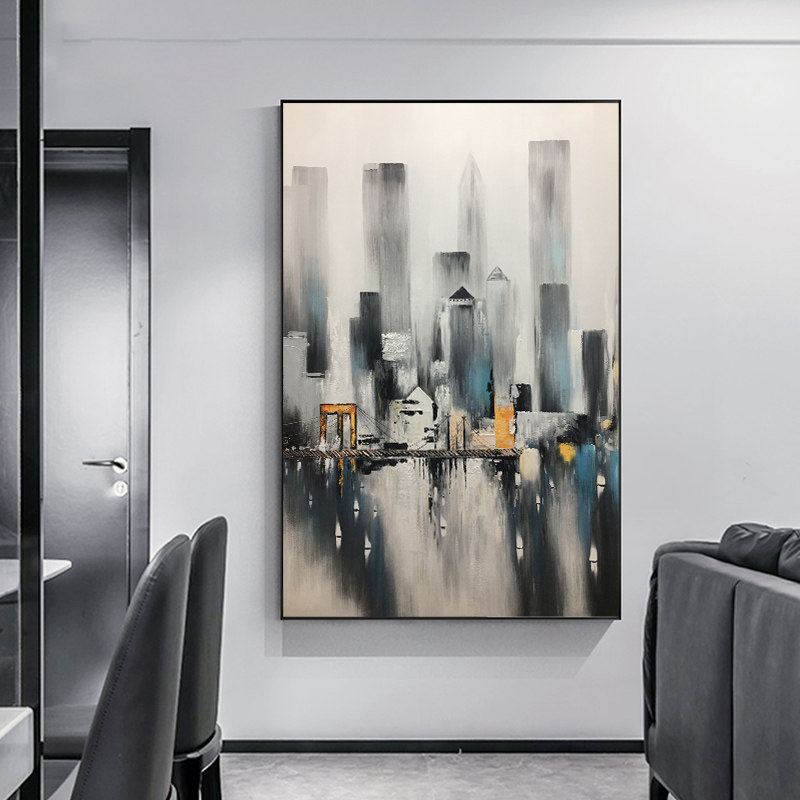 Impression of the city Original hand-painted oil painting Modern simple Nordic light luxury style Living room hanging painting Office decoration painting