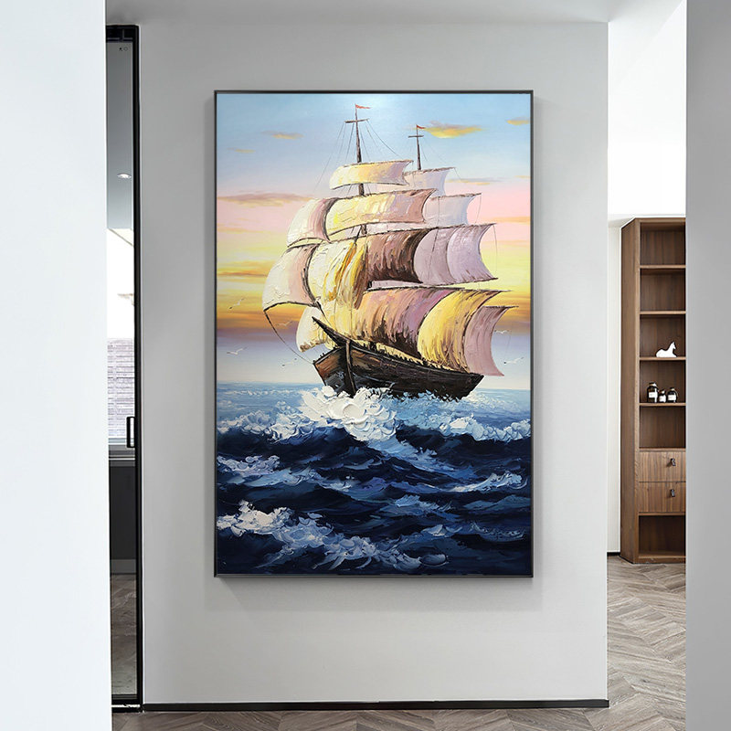 Pure hand-painted oil painting porch entrance hanging painting vertical sailboat scenery decorative painting company hotel mural study custom
