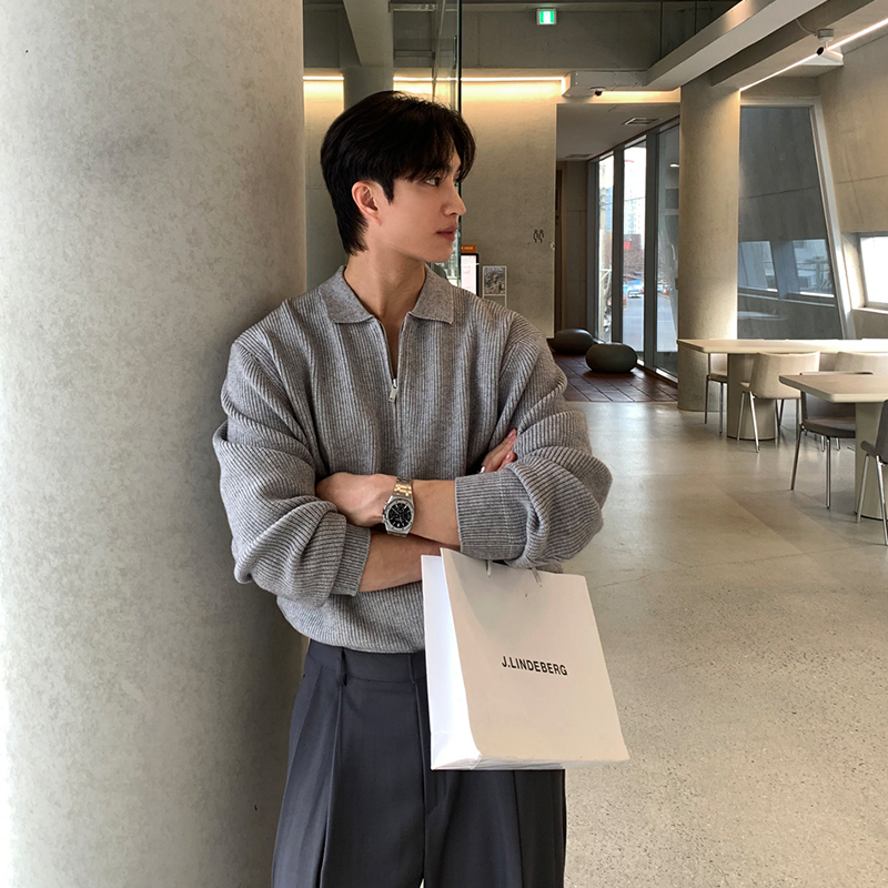 Ssumenam'Old Money Style Half-Zip' Gray Polo Sweater Men's Autumn High-End Collar Knitwear