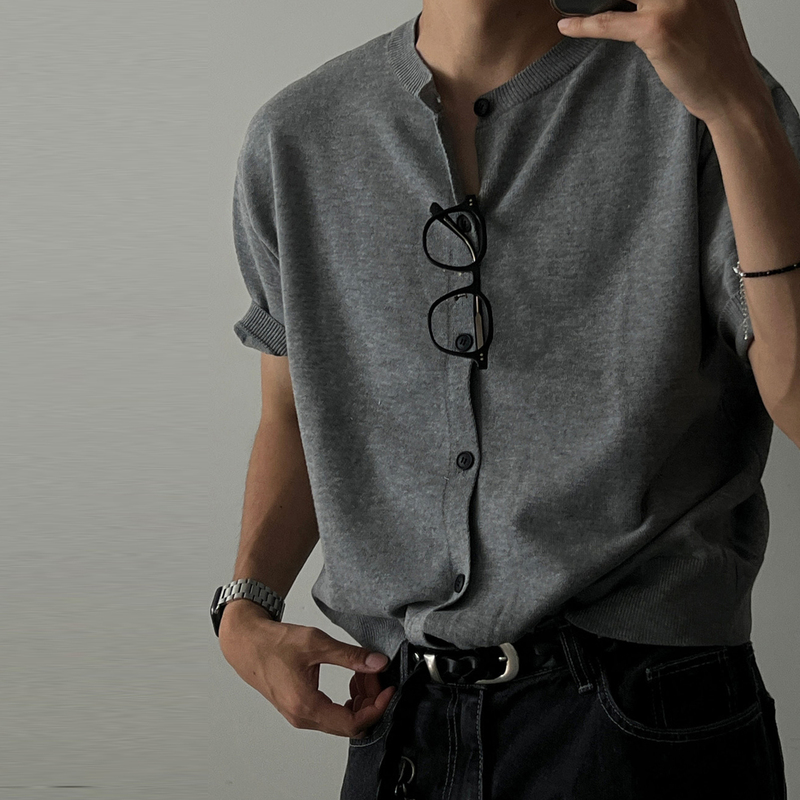 Ssumenam「Old Money New Rich Classic」Dark Gray Knitted Short-Sleeve Men's Summer High-End Thin Cardigan