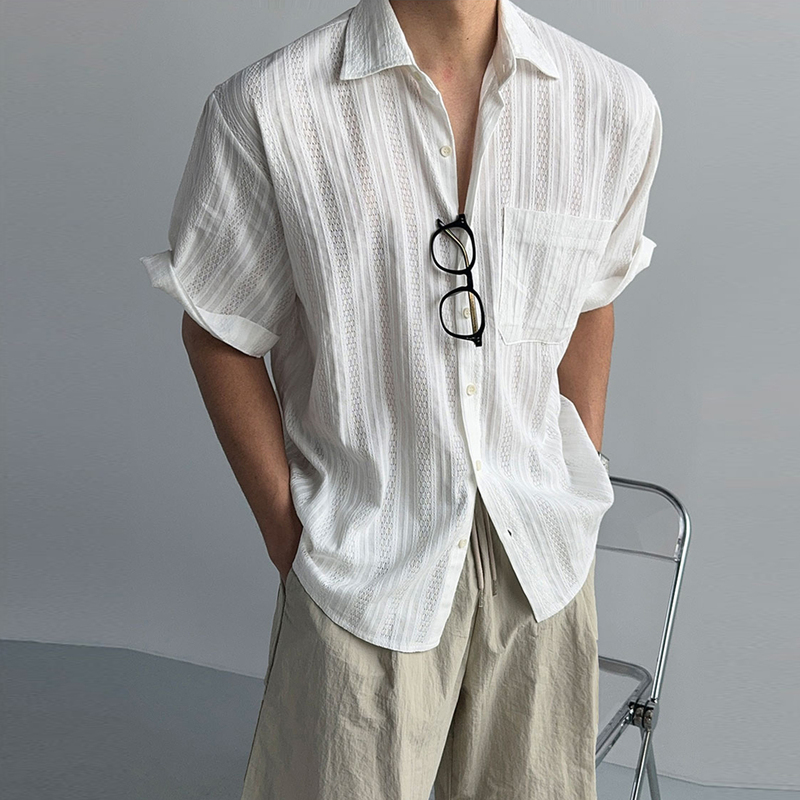 Ssumenam'Old Money Style Retro Hollow Out' Short Sleeve Shirt for Men, Summer Vacation Style, Lightweight and Breathable Shirt Ssumenam'Old Money Style Retro Hollow Out' Short Sleeve Shirt for Men, Summer Vacation Style, Lightweight and Breathable Shirt
