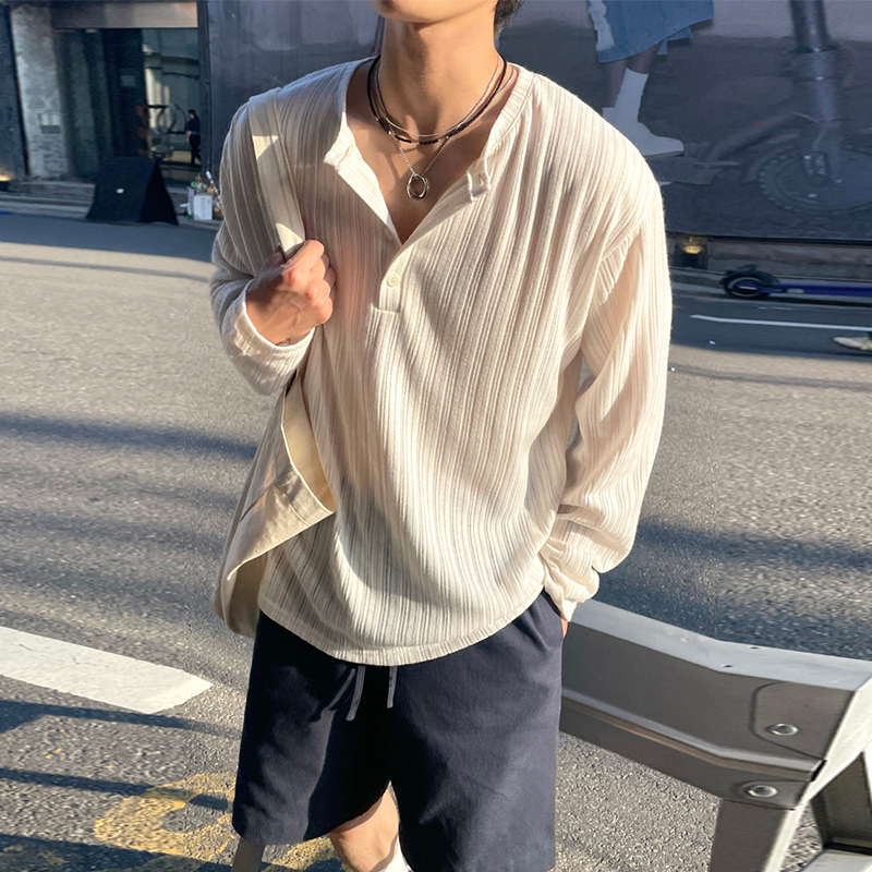 Ssumenam 「Minimalist Style, High Quality」Henry Shirt for Men, Summer Loose Fit, Versatile Base Layer Long-Sleeve T-Shirt Ssumenam 「Minimalist Style, High Quality」Henry Shirt for Men, Summer Loose Fit, Versatile Base Layer Long-Sleeve T-Shirt