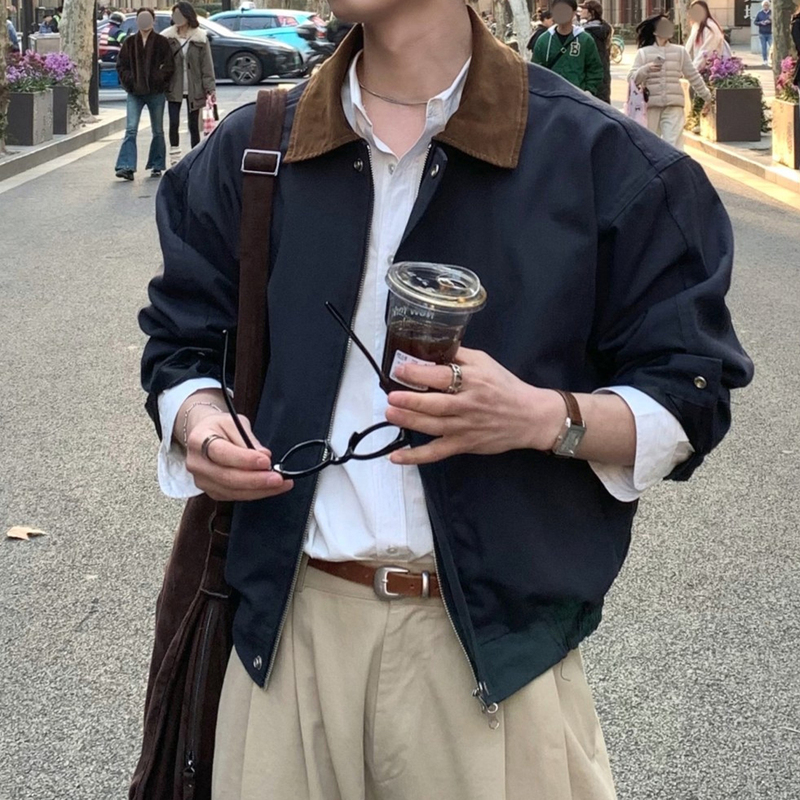 Ssumenam'Old Money Retro Color-Block Collar' Short Jacket for Men, Spring and Autumn Turn-Down Collar, Waist-Tailored Detroit Coat