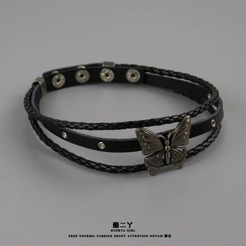 Темное кожаное двухслойное колье-колье в стиле бабочки Сибуя в стиле панк-рок, ретро-горячее ожерелье для девочек y2k, субкультура