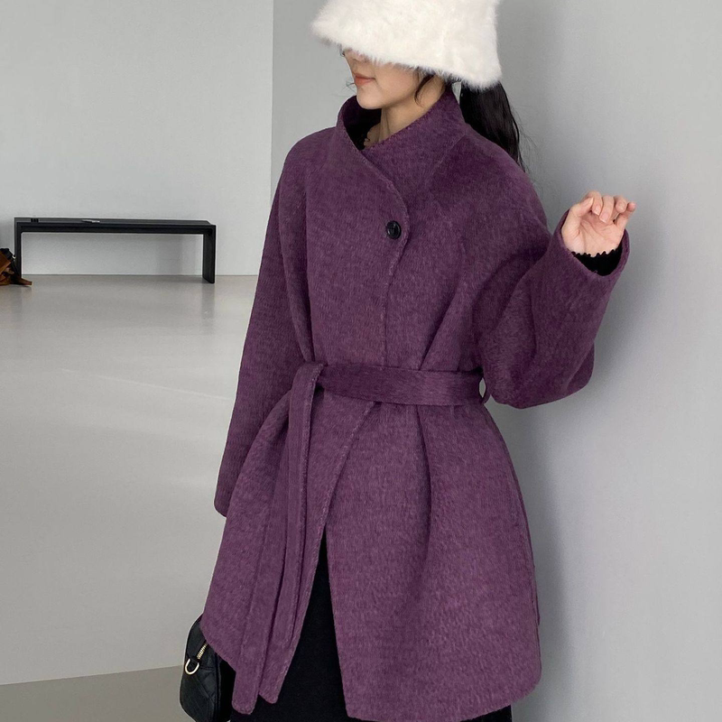 【611】Korean Style High-End Coat 2025 Autumn and Winter Elegant Purple Stand-Up Collar Waist-Cinching Tie Woolen Coat for Women