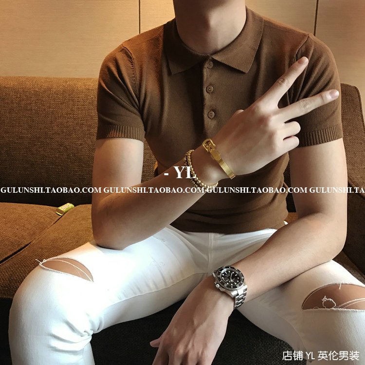 Mùa hè nam Hàn Quốc Dongdaemun Slim cổ áo nhỏ tay ngắn polo nam đơn giản đan kiểu Hồng Kông áo thun nhỏ tươi áo polo nam đẹp