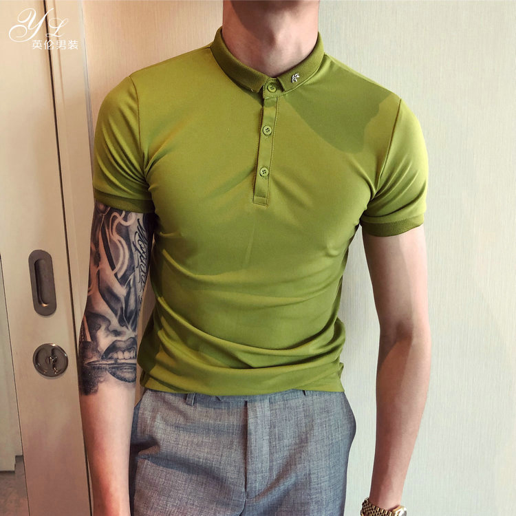 Đàn ông Hàn Quốc Phiên bản Hàn Quốc của cổ áo nhỏ tự canh kéo dài áo polo ngắn tay nam mùa hè thời trang nhỏ áo thun mới áo polo sói