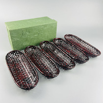 3 boxes of No. 14 Japanese reflux handicrafts blue tire bamboo lacquer ware small tea towel holder can be used as a fruit plate