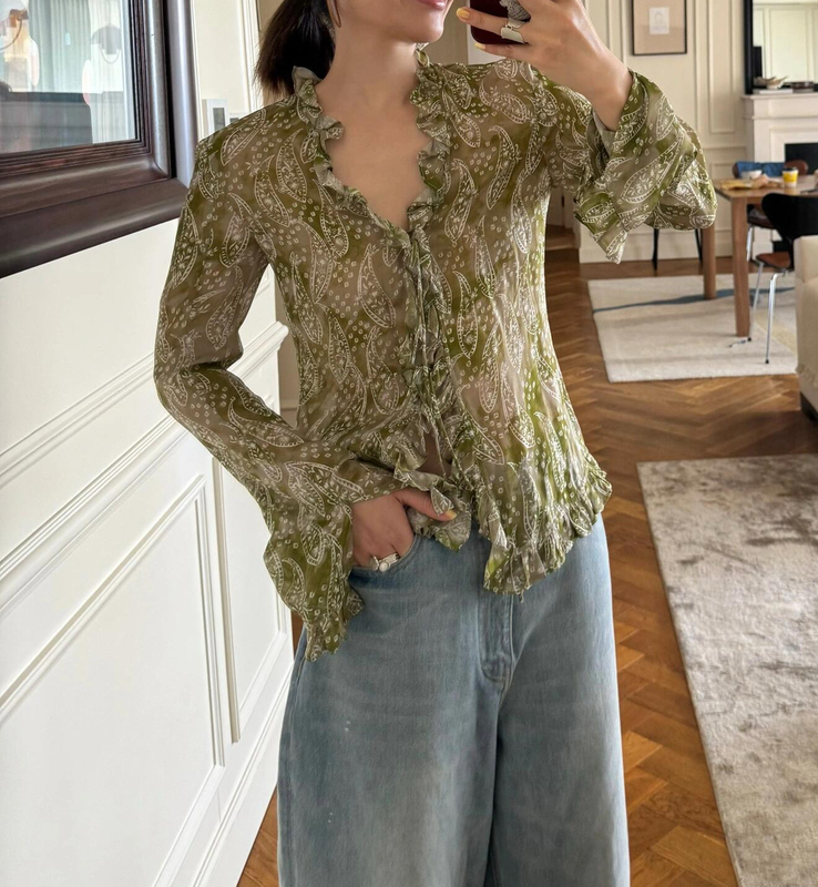 Sage Floating Green Ink-Dyed Paisley Lace Shirt