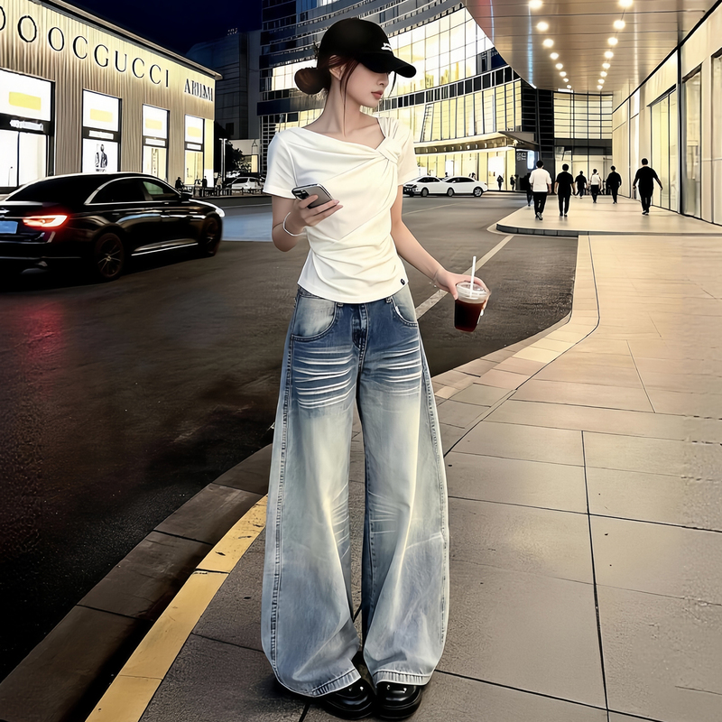 Petite American Retro Straight-Leg Jeans for Women, Summer High-Waisted Loose Letter Embroidery Scimitar Wide-Leg Floor-Length Pants Petite American Retro Straight-Leg Jeans for Women, Summer High-Waisted Loose Letter Embroidery Scimitar Wide-Leg Floor-Length Pants