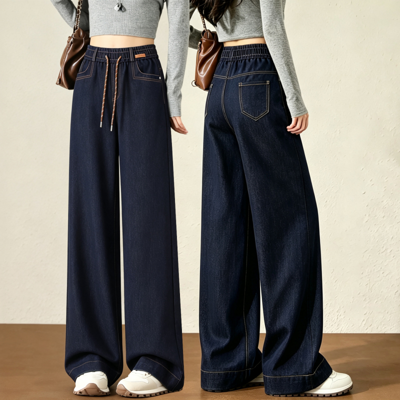 High-Waisted Straight-Leg Jeans for Women, Autumn 2026 New Style, Elastic Waist, Plus Size, Narrow Wide-Leg Pants, Petite Floor-Length Pants
