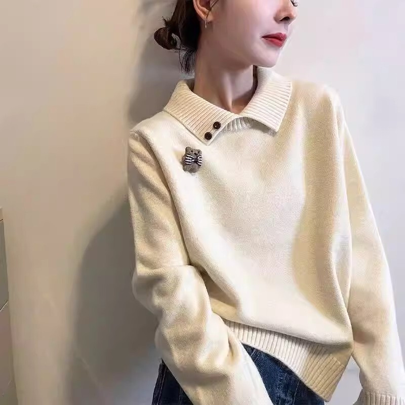 Cartoon Bear Polo Collar Knit Sweater for Women, Spring and Autumn 2026 New Style, Lazy Style Turn-Down Collar Base Shirt Top Cartoon Bear Polo Collar Knit Sweater for Women, Spring and Autumn 2026 New Style, Lazy Style Turn-Down Collar Base Shirt Top