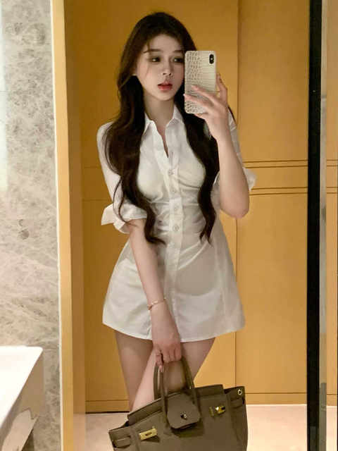 Pure Desire Korean Style Royal Sister Design Slim-fitting Pleated Lapel Sexy Shirt Dress Female Niche Hot Girl Waist Dress