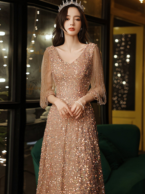 Banquet Evening Dress with Tassels, V-Neck, Sequins, Champagne Color, Sexy Queen Style, Hostess Dress, 2025 New Style